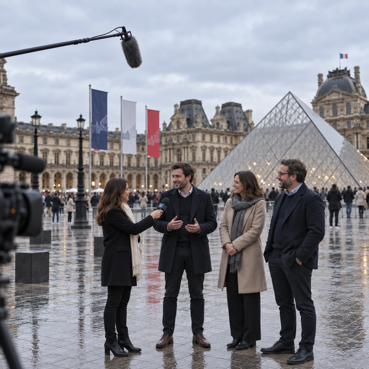 Équipe audiovisuelle lors d’une captation éditoriale en extérieur