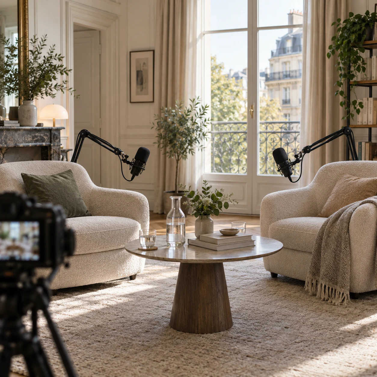 Studio d’interview avec deux fauteuils, microphones et caméra